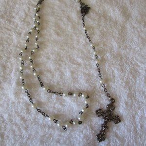 Vintage Faux White Pearls Rosary Beads Silver Tone